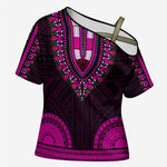 African Dashiki and Polynesian Pattern Cross Shoulder Shirt Pink