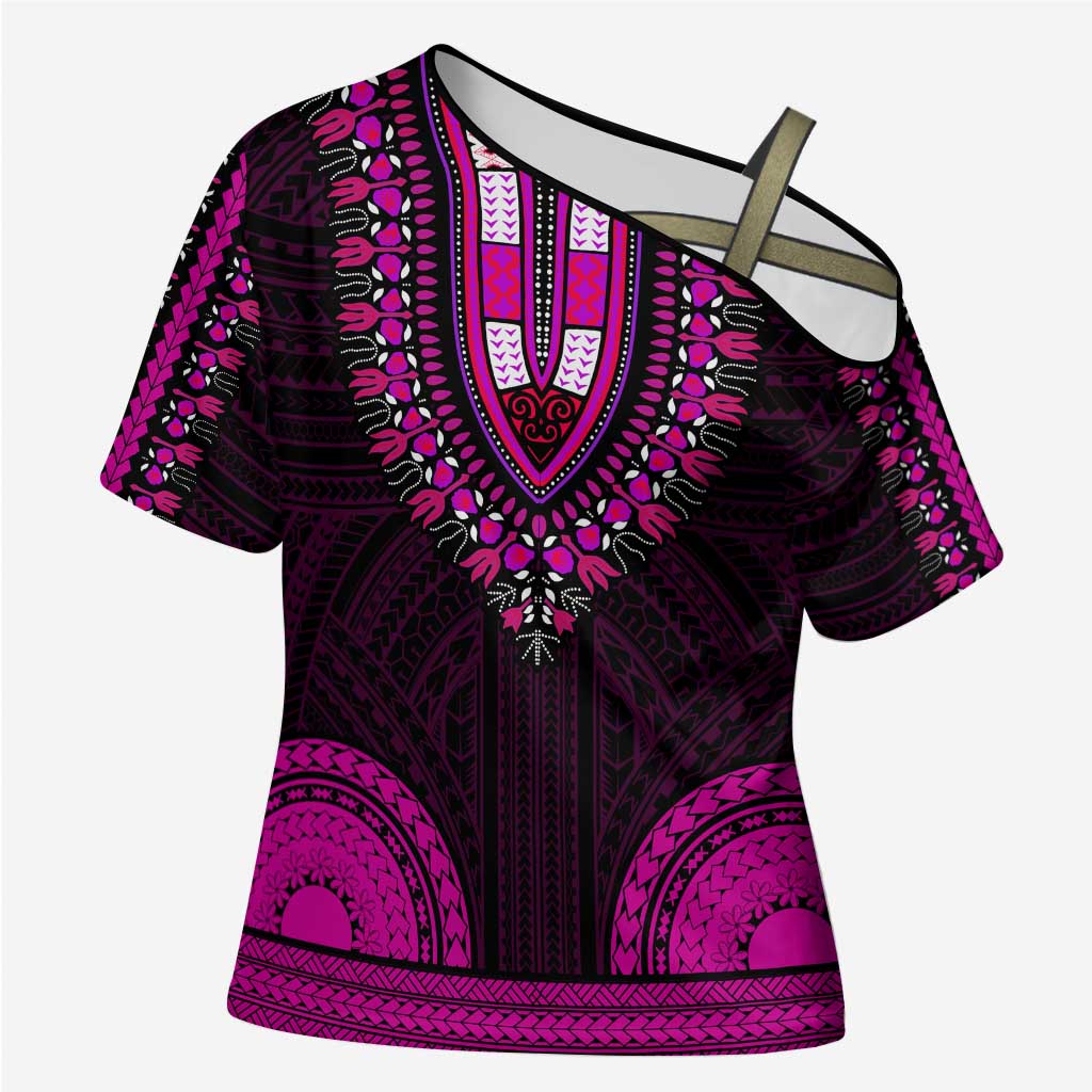 African Dashiki and Polynesian Pattern Cross Shoulder Shirt Pink