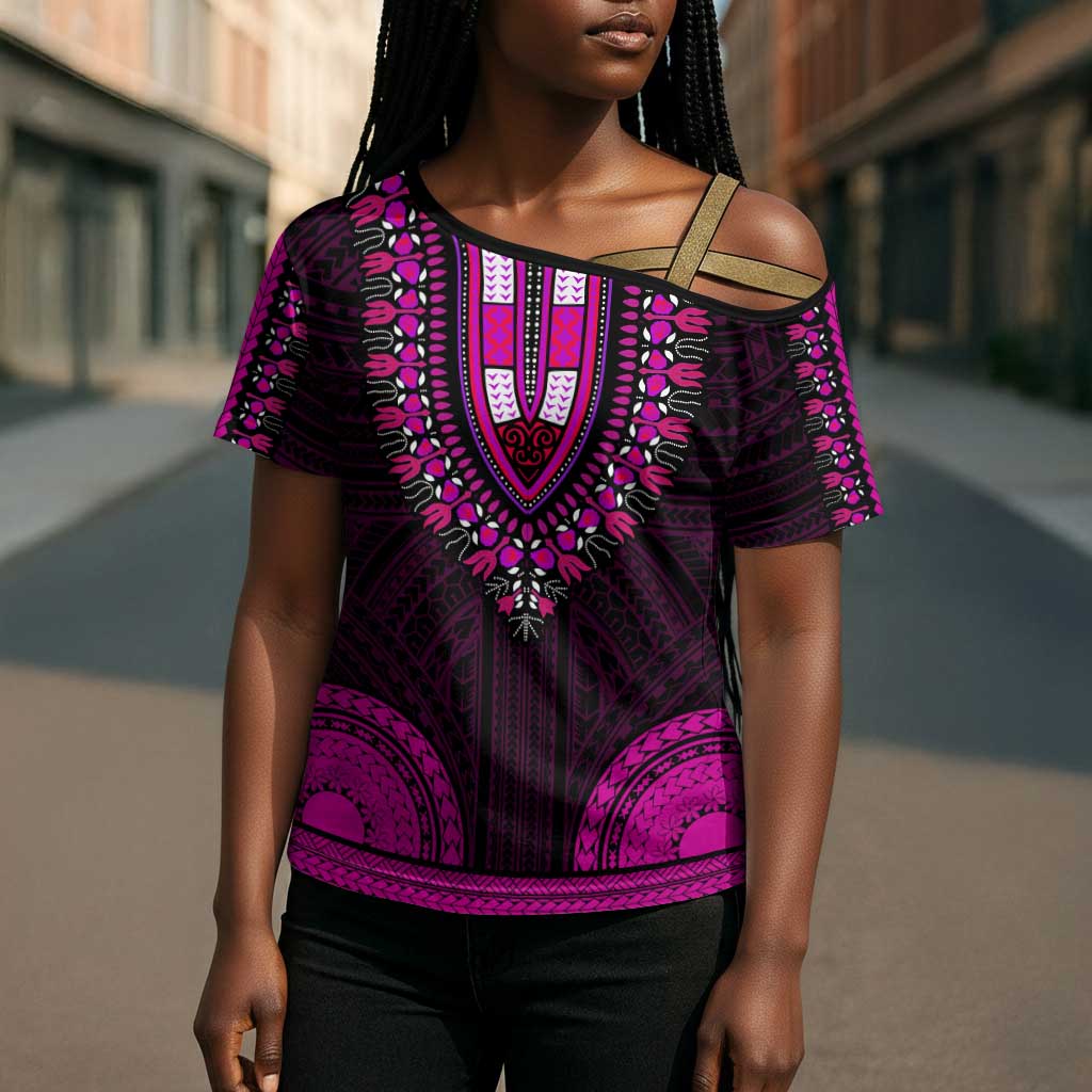 African Dashiki and Polynesian Pattern Cross Shoulder Shirt Pink