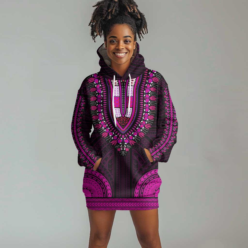 African Dashiki and Polynesian Pattern Hoodie Dress Pink