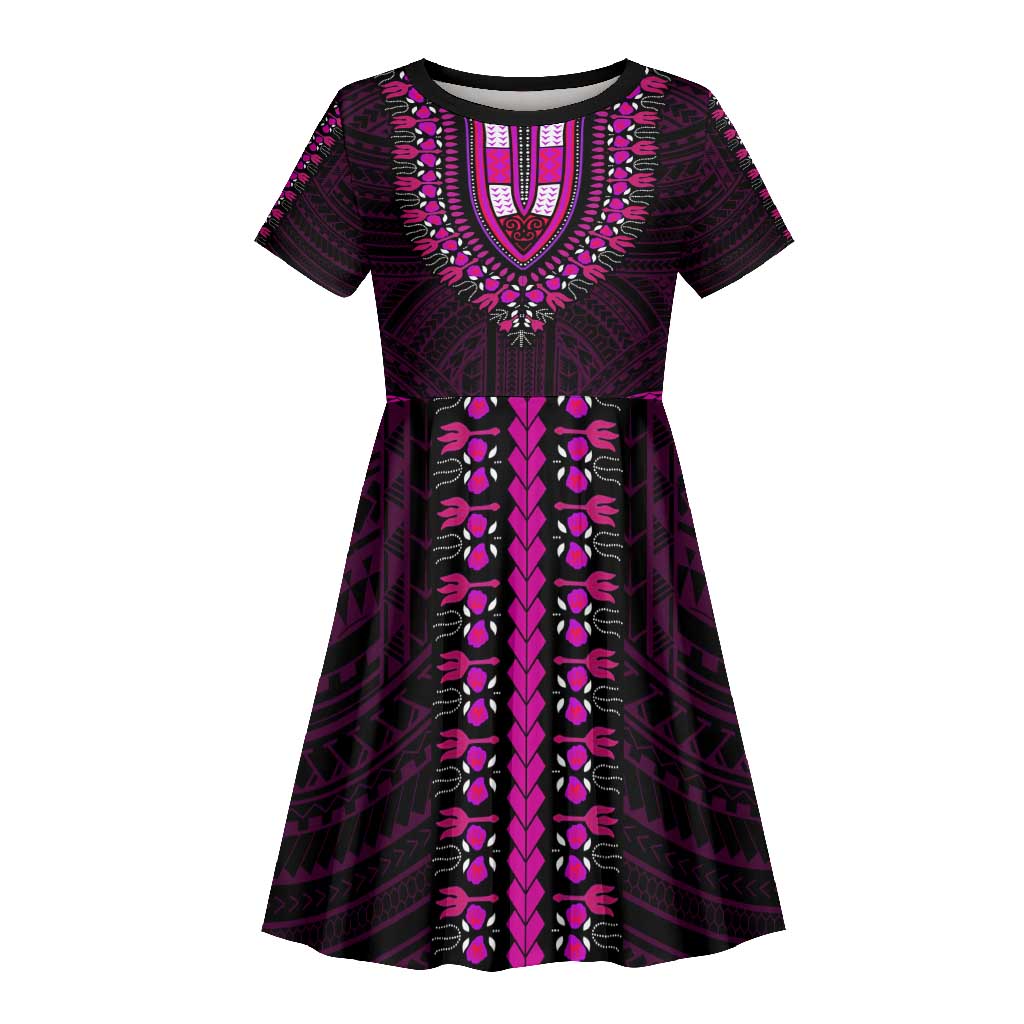 African Dashiki and Polynesian Pattern Kid Short Sleeve Dress Pink