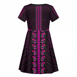 African Dashiki and Polynesian Pattern Kid Short Sleeve Dress Pink