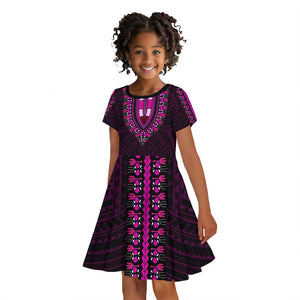 African Dashiki and Polynesian Pattern Kid Short Sleeve Dress Pink