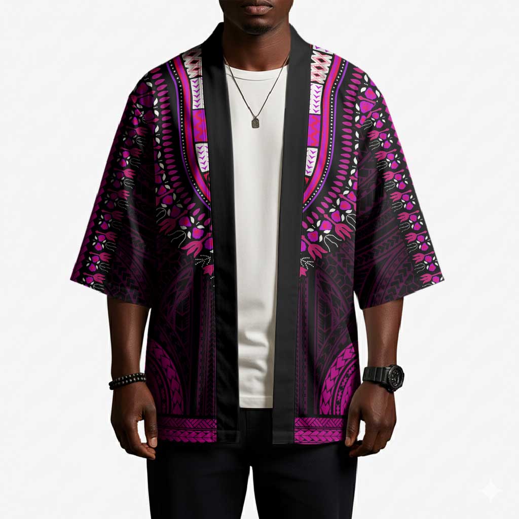 African Dashiki and Polynesian Pattern Kimono Pink