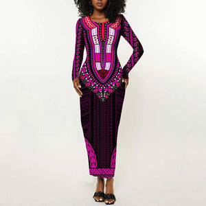 African Dashiki and Polynesian Pattern Long Sleeve Bodycon Dress Pink