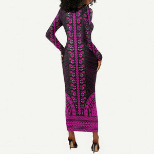 African Dashiki and Polynesian Pattern Long Sleeve Bodycon Dress Pink