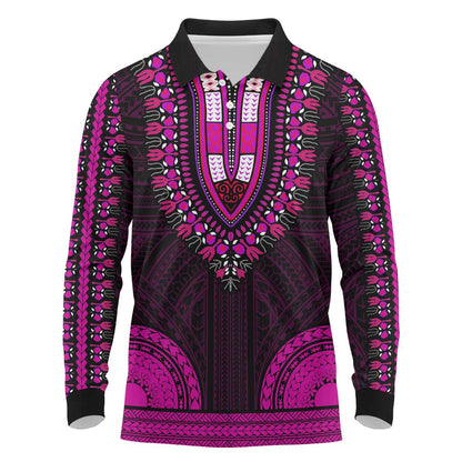 African Dashiki and Polynesian Pattern Long Sleeve Polo Shirt Pink