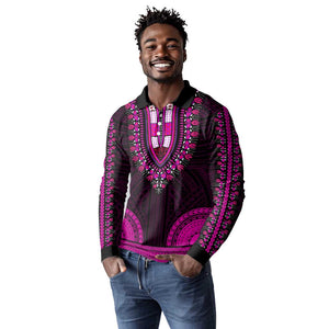 African Dashiki and Polynesian Pattern Long Sleeve Polo Shirt Pink