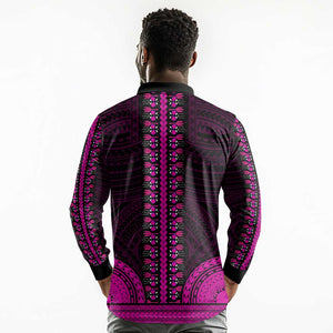 African Dashiki and Polynesian Pattern Long Sleeve Polo Shirt Pink