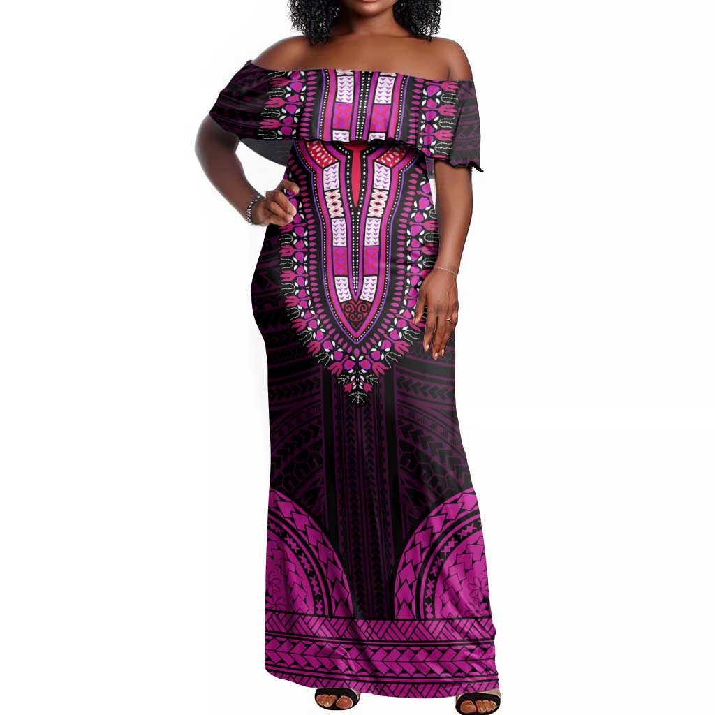 African Dashiki and Polynesian Pattern Off Shoulder Maxi Dress Pink