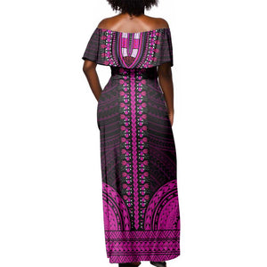 African Dashiki and Polynesian Pattern Off Shoulder Maxi Dress Pink