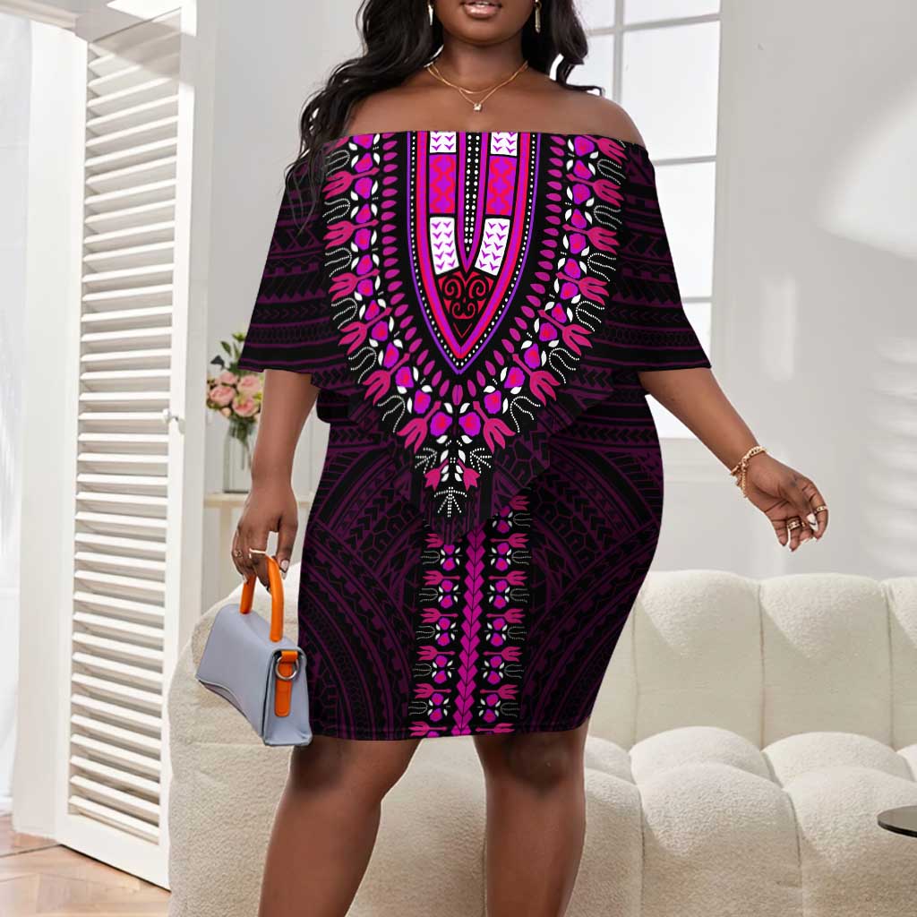 African Dashiki and Polynesian Pattern Off Shoulder Short Dress Pink