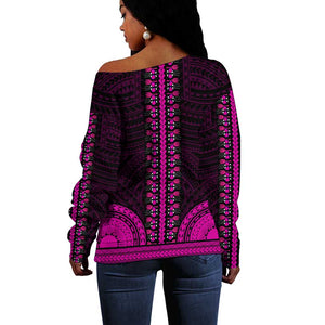 African Dashiki and Polynesian Pattern Off Shoulder Sweater Pink