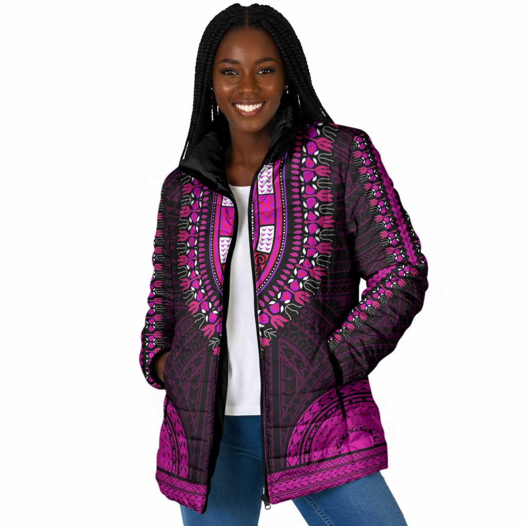 African Dashiki and Polynesian Pattern Padded Jacket Pink