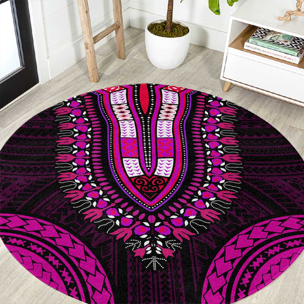 African Dashiki and Polynesian Pattern Round Carpet Pink