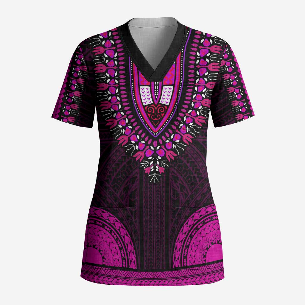African Dashiki and Polynesian Pattern Scrub Top Pink