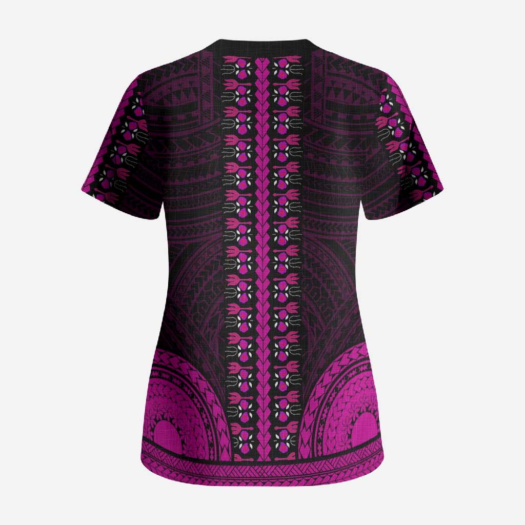 African Dashiki and Polynesian Pattern Scrub Top Pink