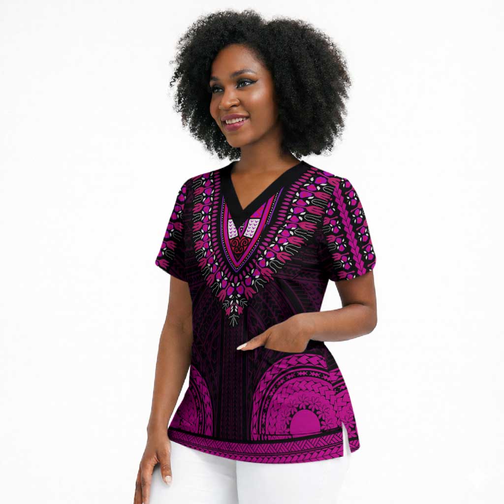 African Dashiki and Polynesian Pattern Scrub Top Pink