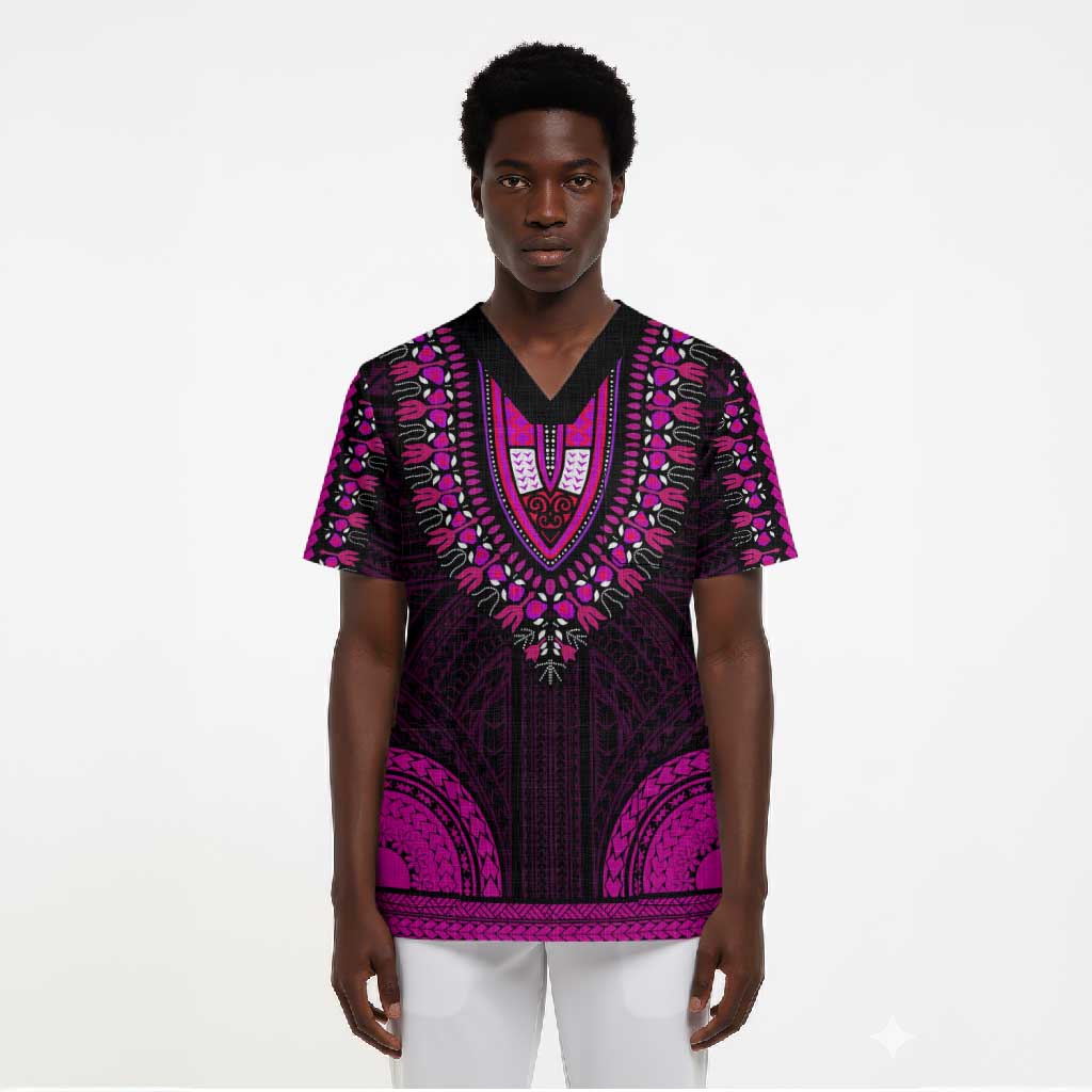 African Dashiki and Polynesian Pattern Scrub Top Pink