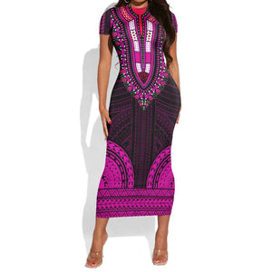 African Dashiki and Polynesian Pattern Short Sleeve Bodycon Dress Pink