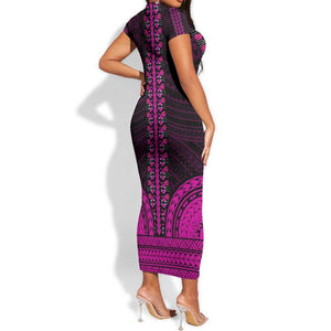 African Dashiki and Polynesian Pattern Short Sleeve Bodycon Dress Pink