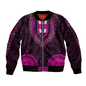 African Dashiki and Polynesian Pattern Sleeve Zip Bomber Jacket Pink