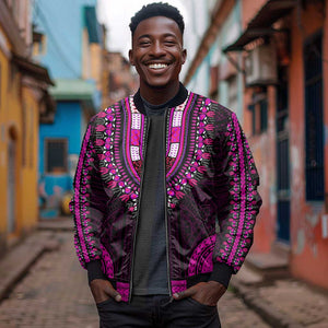 African Dashiki and Polynesian Pattern Sleeve Zip Bomber Jacket Pink