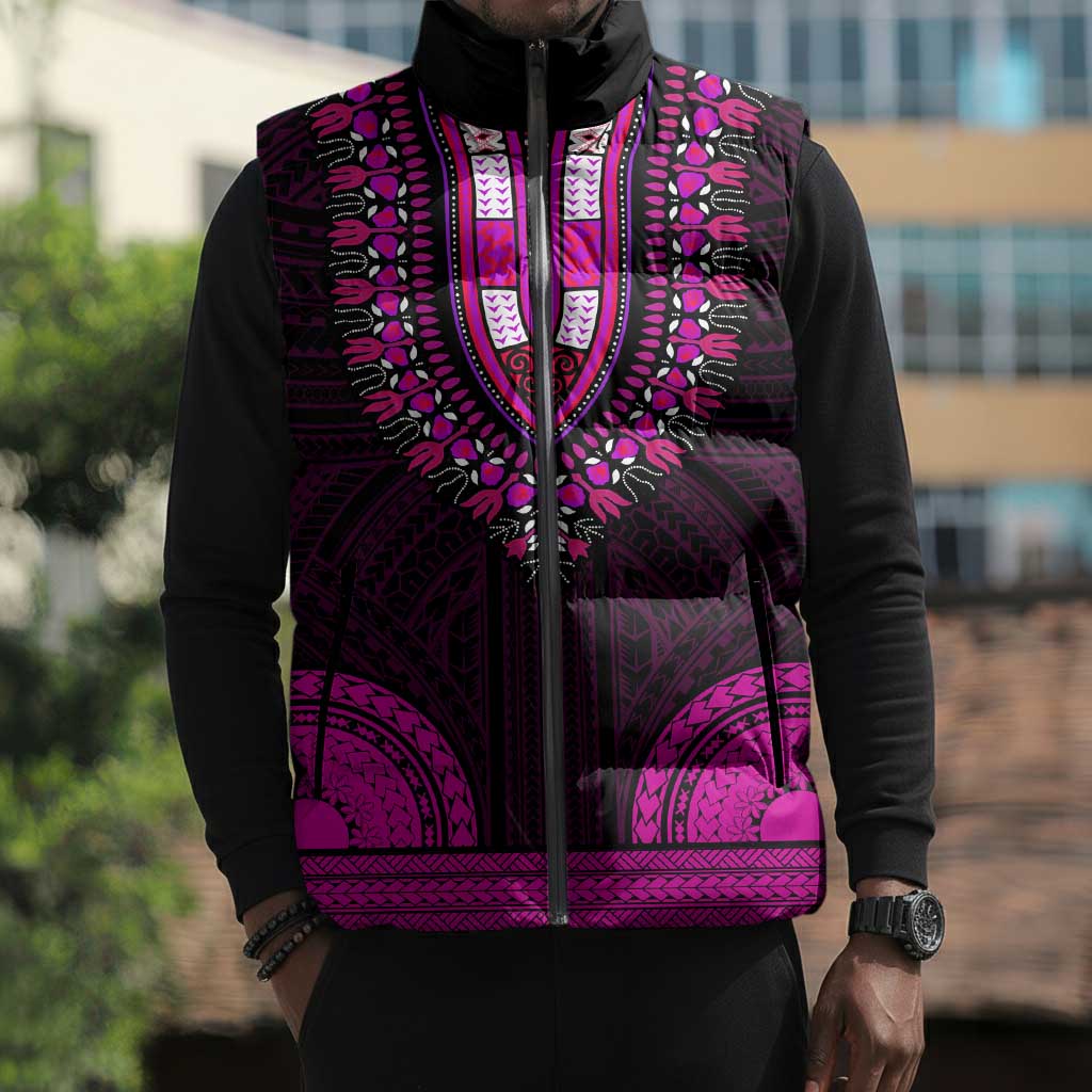 African Dashiki and Polynesian Pattern Sleeveless Puffer Jacket Pink