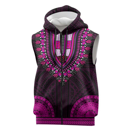 African Dashiki and Polynesian Pattern Sleeveless Zip Hoodie Pink - African Pride
