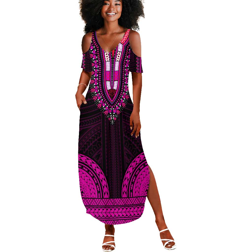 African Dashiki and Polynesian Pattern Summer Maxi Dress Pink