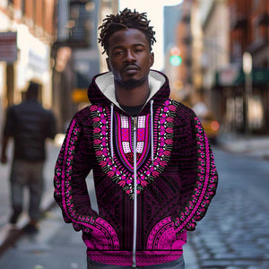 African Dashiki and Polynesian Pattern Zip Hoodie Pink