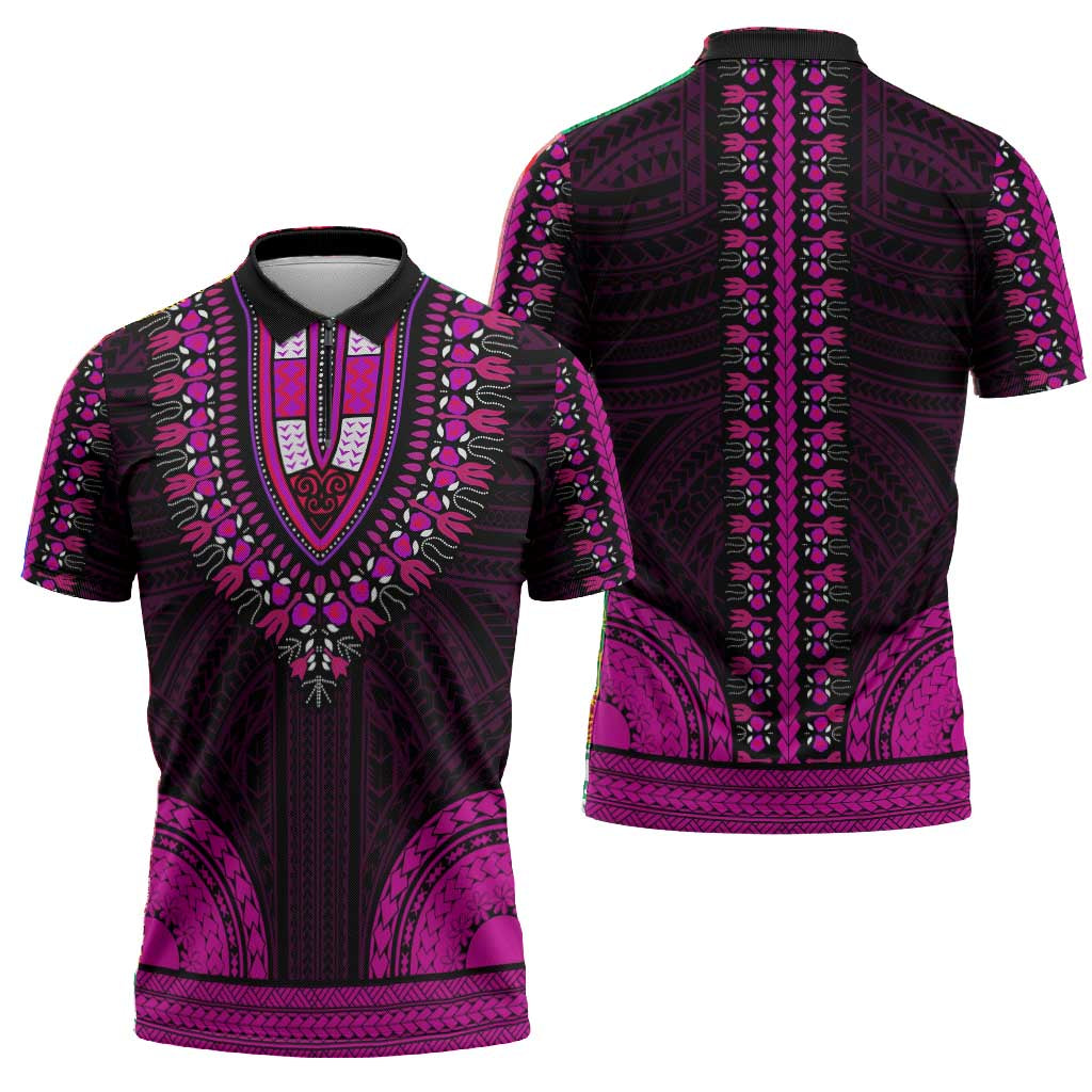 African Dashiki and Polynesian Pattern Zipper Polo Shirt Pink