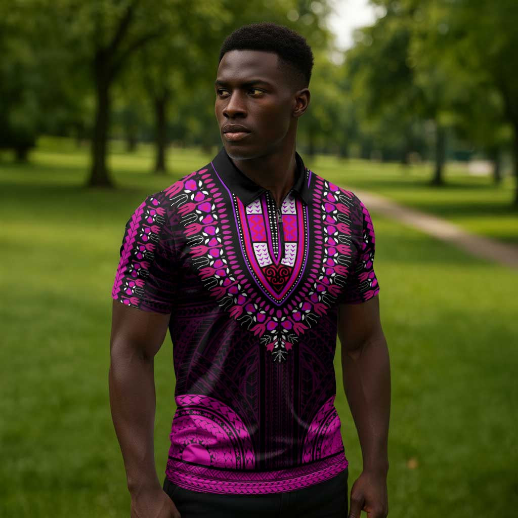 African Dashiki and Polynesian Pattern Zipper Polo Shirt Pink
