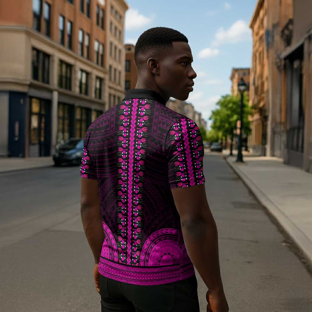 African Dashiki and Polynesian Pattern Zipper Polo Shirt Pink