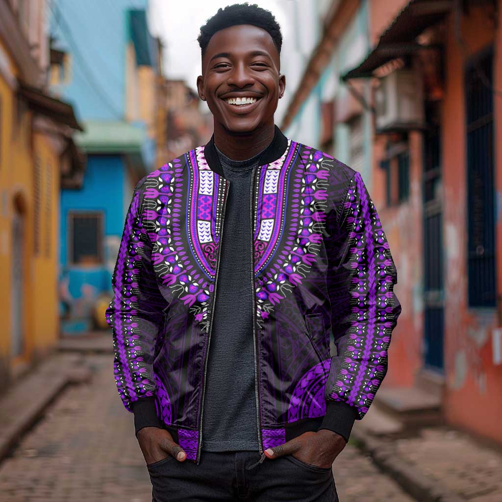African Dashiki and Polynesian Pattern Bomber Jacket Purple