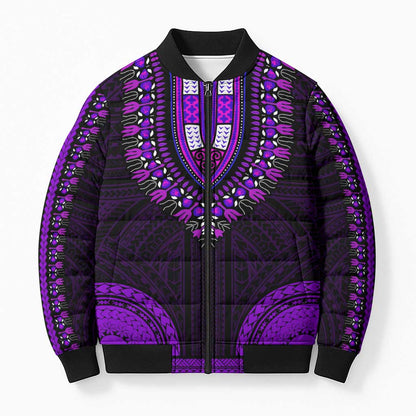 African Dashiki and Polynesian Pattern Bomber Puffer Jacket Purple