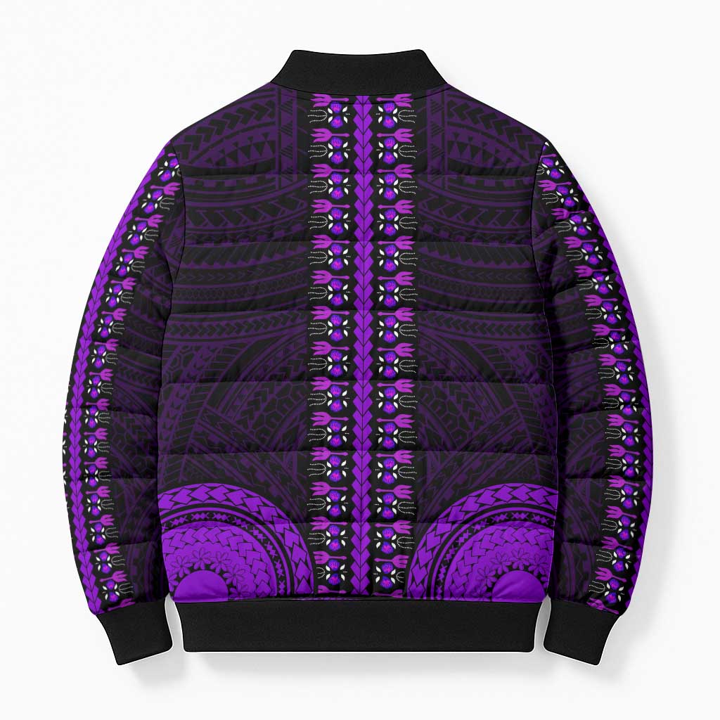 African Dashiki and Polynesian Pattern Bomber Puffer Jacket Purple