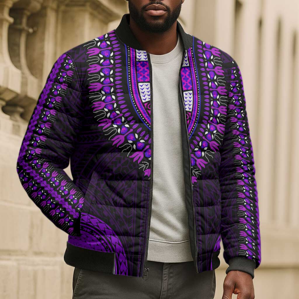 African Dashiki and Polynesian Pattern Bomber Puffer Jacket Purple