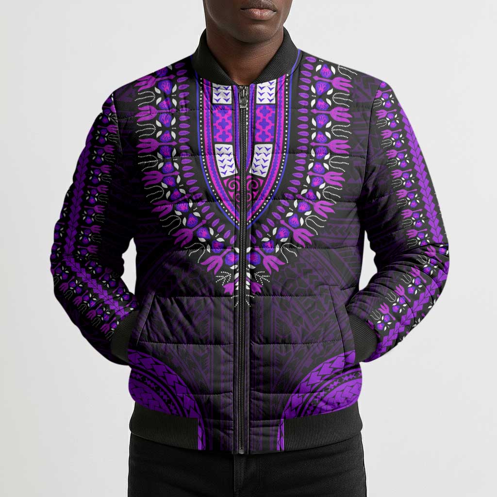 African Dashiki and Polynesian Pattern Bomber Puffer Jacket Purple