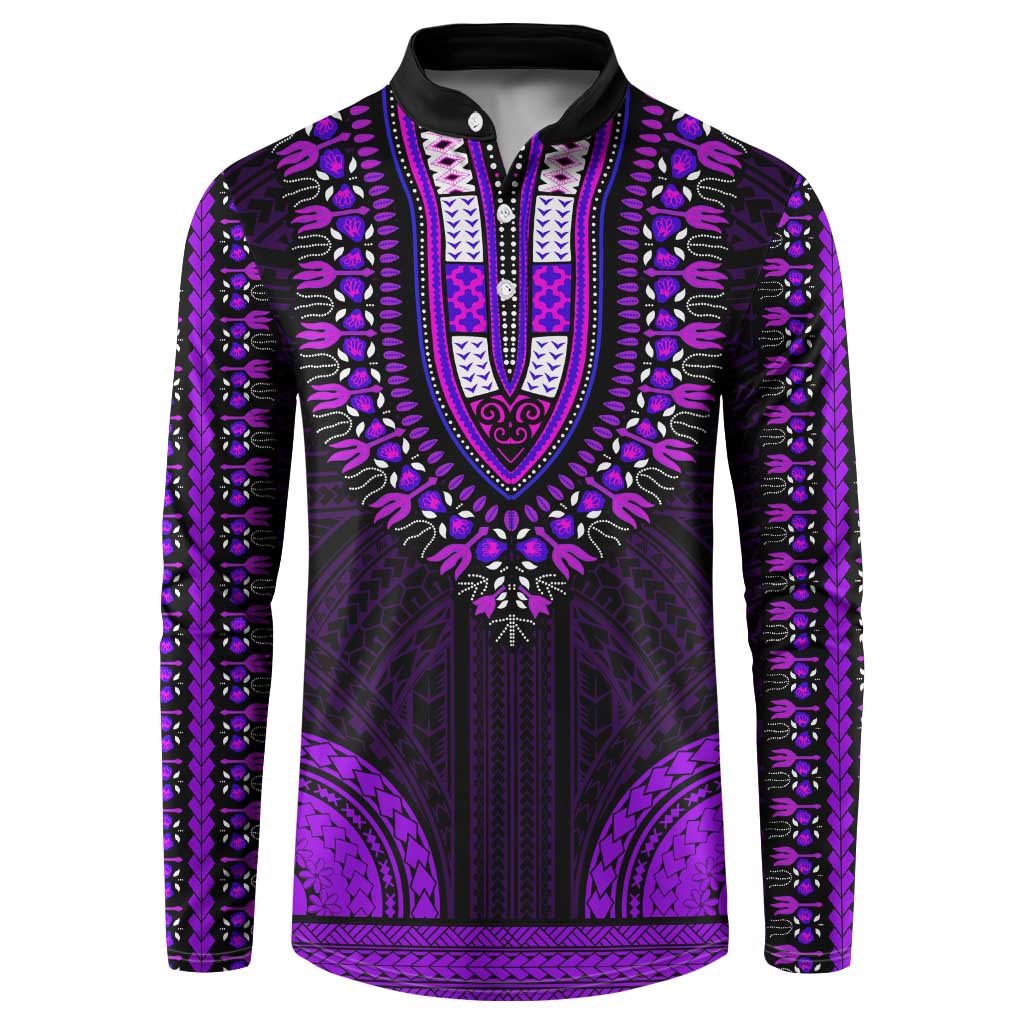African Dashiki and Polynesian Pattern Button Sweatshirt Purple