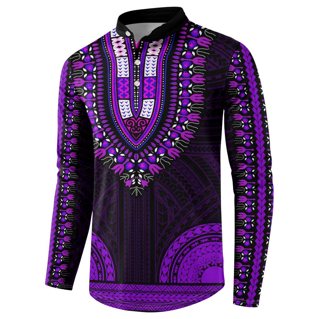 African Dashiki and Polynesian Pattern Button Sweatshirt Purple