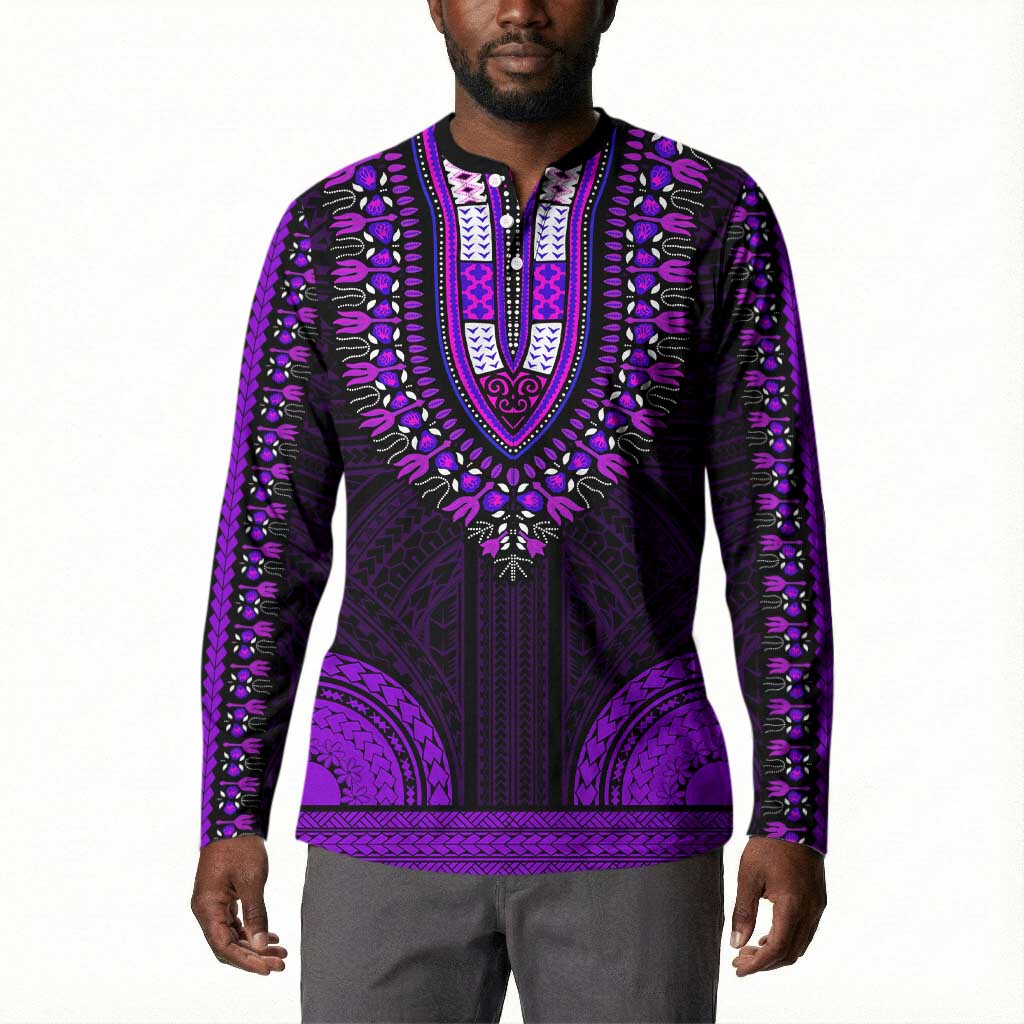 African Dashiki and Polynesian Pattern Button Sweatshirt Purple