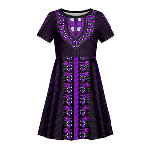 African Dashiki and Polynesian Pattern Kid Short Sleeve Dress Purple