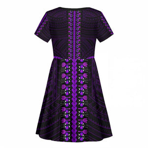 African Dashiki and Polynesian Pattern Kid Short Sleeve Dress Purple