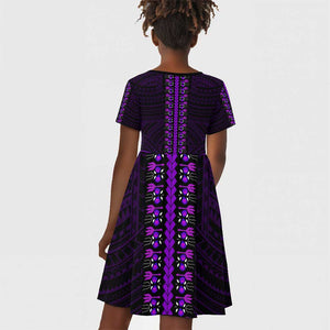 African Dashiki and Polynesian Pattern Kid Short Sleeve Dress Purple