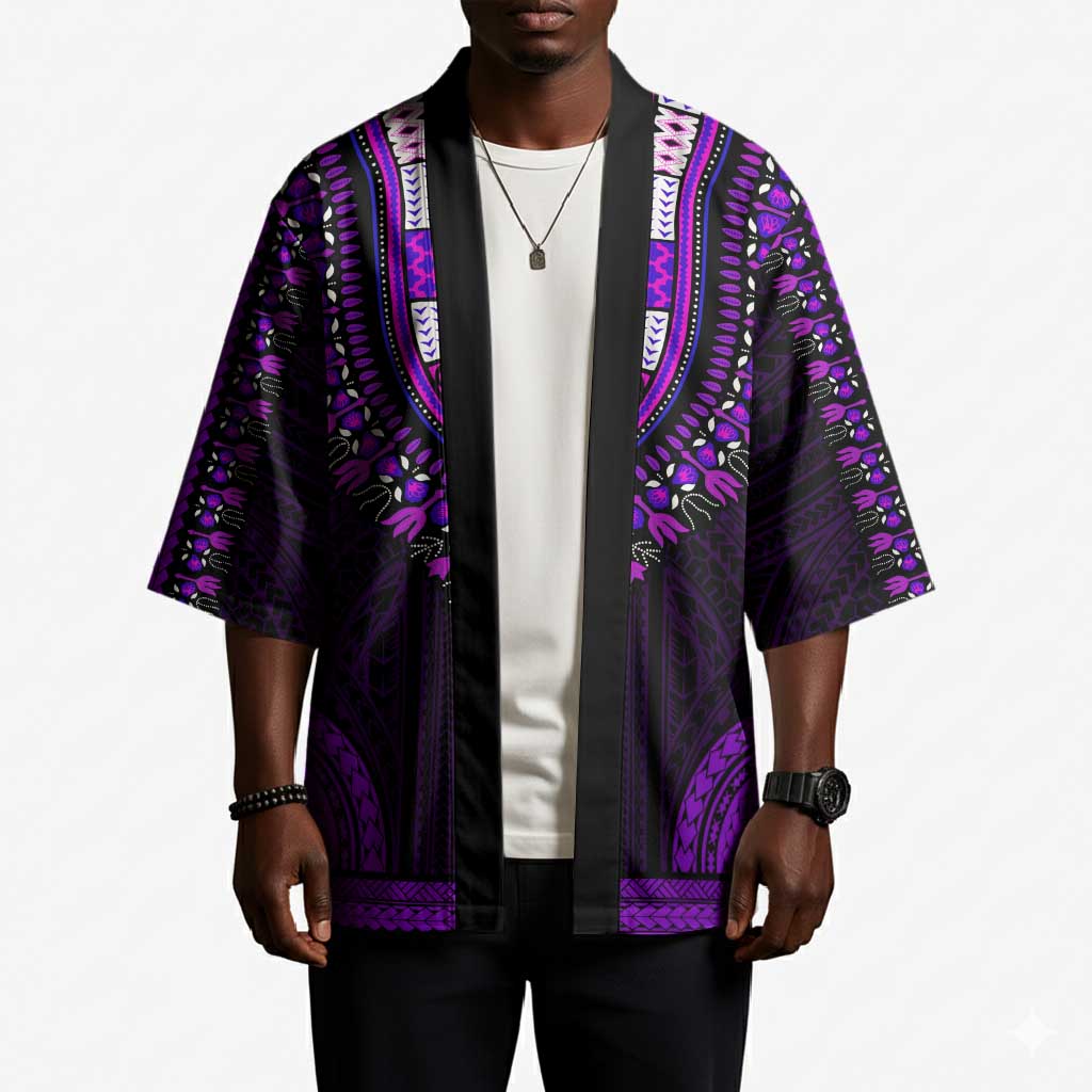 African Dashiki and Polynesian Pattern Kimono Purple