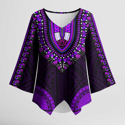 African Dashiki and Polynesian Pattern Kimono Sleeve Blouse Purple