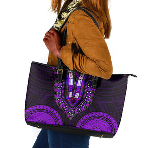 African Dashiki and Polynesian Pattern Leather Tote Bag Purple