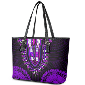 African Dashiki and Polynesian Pattern Leather Tote Bag Purple