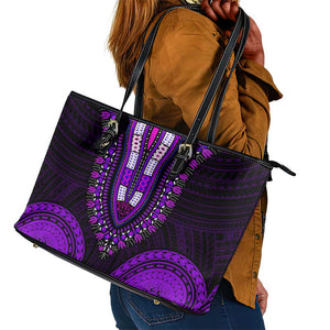 African Dashiki and Polynesian Pattern Leather Tote Bag Purple